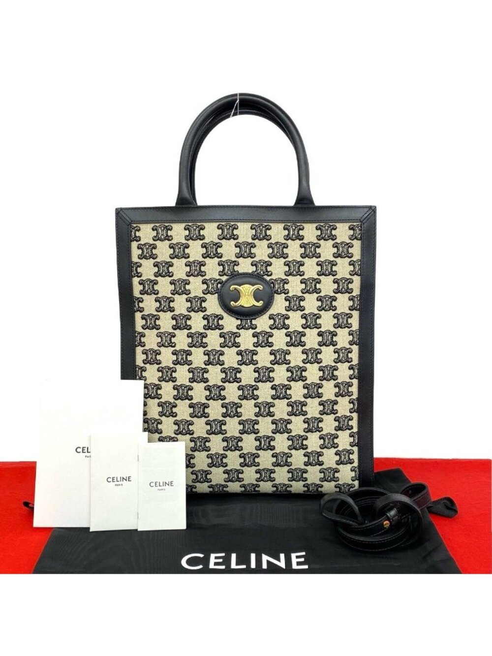 Celine Vertical Cabas Triomphe Logo Canvas Leather 2-Way Shoulder Bag